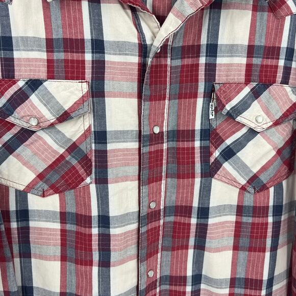 Vintage Levi's Red Blue White Plaid Striped Casual Pearl Snap Western Men's XXL - Picture 8 of 12